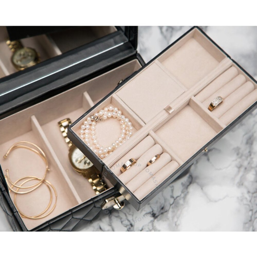 WOLF Caroline black leather jewelry box with travel insert